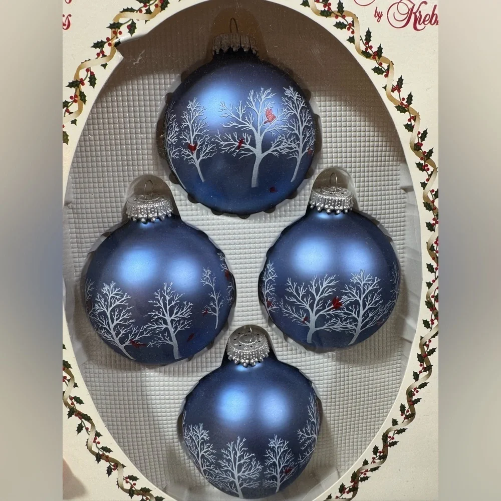 Elegant glass Christmas blue with trees, and birds, ornaments by Krebs